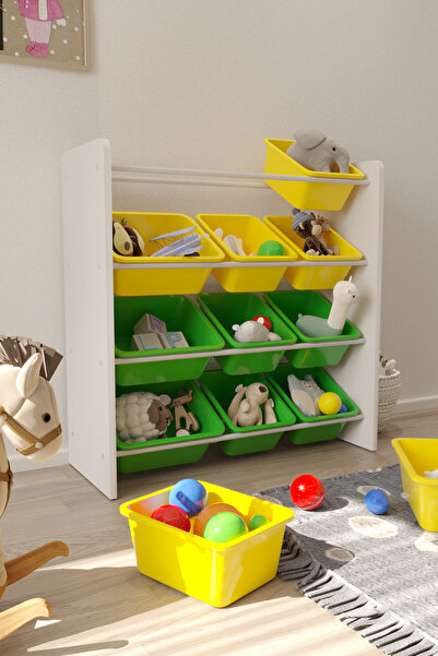 12 Basket Yellow and Green Toy Cabinet, Multipurpose Cabinet, Montessori Cabinet