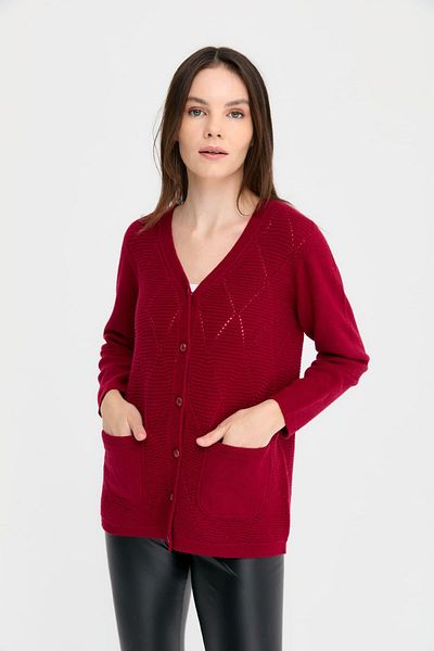 Desen Triko Cardigan de damă cu decolteu în V - Rotten de lână fără cusături, cu elemente de legătură și nasturi