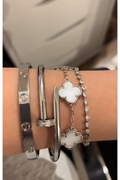 ANGELSS JEWELLERY Üçlü Kombin Gümüş Beyaz Bileklik Marka Model Çivi Kelepçe B...