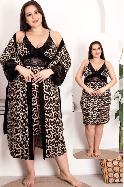 Jenny Daphne 19204 Model Leopard Print Set de 2 cămașă de noapte și halat din viscoză