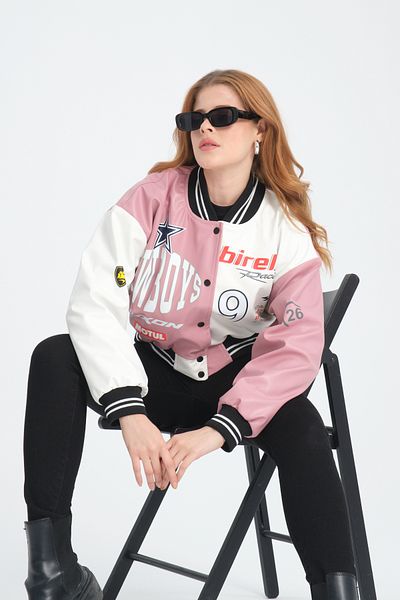 Black Level Women's Leather Oversize College Jacket - Double Color Print, Snap Fastener Biker Coat, Racer Bomber Jacket