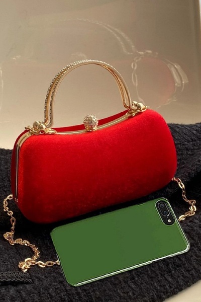 GUİZA Women's Velvet Red Fabric Evening Bag with Zircon Stone Evening Dress Stylish Bag Is an Elegant Design