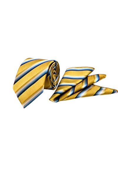 VENCHY Sarı Mavi Çizgi Desen Mendilli Kravat 7745-1MK