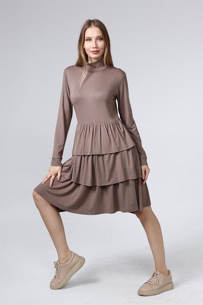 TF The Fancy For You Fancy Women's Turtleneck Long Sleeve Shirred Zipper Detailed Skirt Layered Viscose Dress