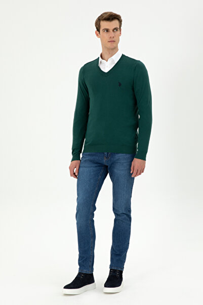 U.S. Polo Assn. Ανδρικό πουλόβερ με λεπτή εφαρμογή V-λαιμόκοψη σκούρο πράσινο Basic 50293512-VR079