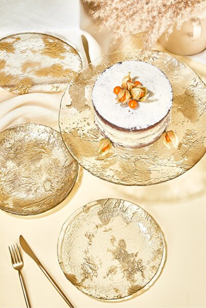 Lora Bianca Marmo Altın 7 Parça Pasta/Kek/Tatlı Sunum Tabağı Seti