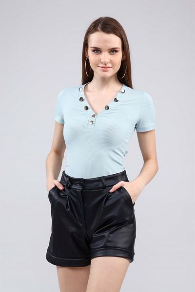 TF The Fancy For You Fancy Women's Slim Fit Short Sleeve V Neck Button Detailed Ribbed Bodysuit
