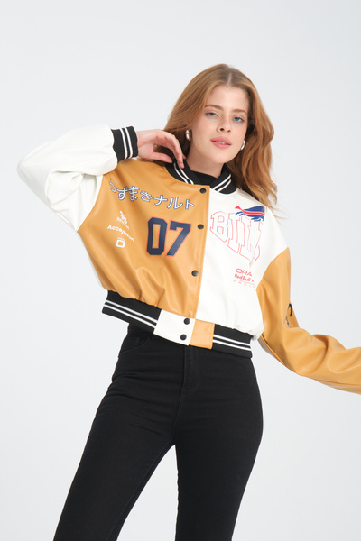 Black Level Kadın Deri Overisize Çift Renkli Baskılı Kolej Ceket Çıt Çıtlı Mo...