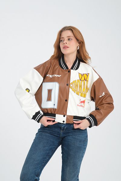Black Level Women's Leather Oversize College Jacket - Double Color Print, Snap Fastener Biker Coat, Racer Bomber Jacket