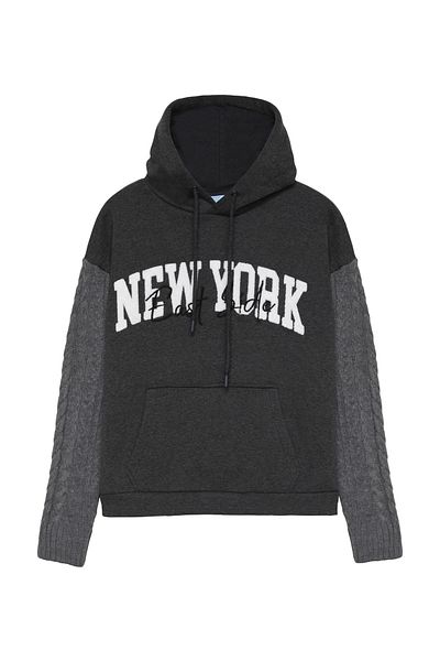 Quzu Anthracite Knitwear Sleeve New York Hooded Sweatshirt