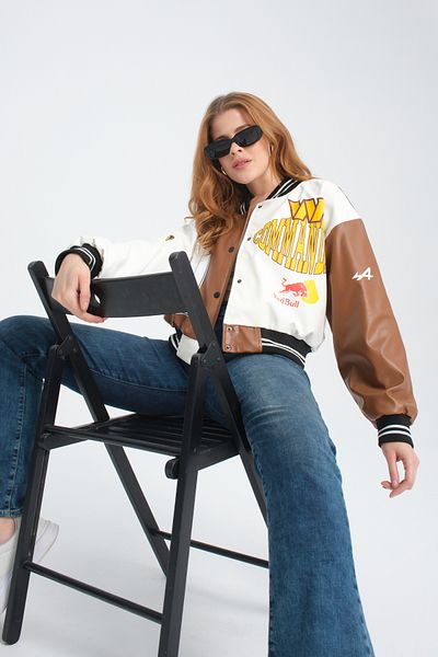 Black Level Women's Leather Oversize College Jacket - Double Color Print, Snap Fastener Biker Coat, Racer Bomber Jacket