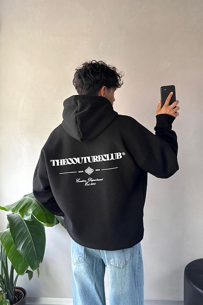 Flaw Wear Back Printed Minimal Embroidered Oversize Black Hoodie