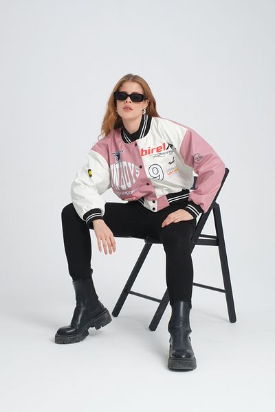 Black Level Women's Leather Oversize College Jacket - Double Color Print, Snap Fastener Biker Coat, Racer Bomber Jacket