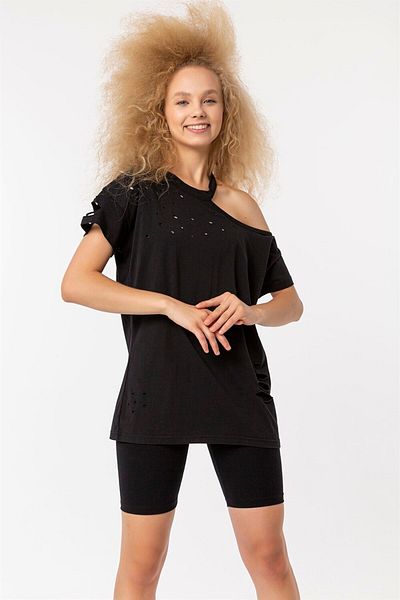 TF The Fancy For You Fancy Women's Crew Neck Shoulder Low-cut Ripped Detailed Basic T-Shirt