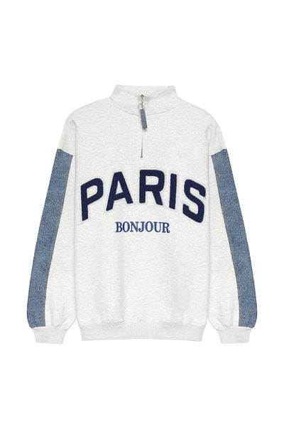 Quzu Gray Paris Printed Zippered Sweatshirt