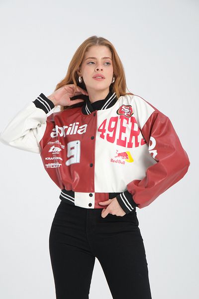 Black Level Women's Leather Oversize College Jacket - Double Color Print, Snap Fastener Biker Coat, Racer Bomber Jacket