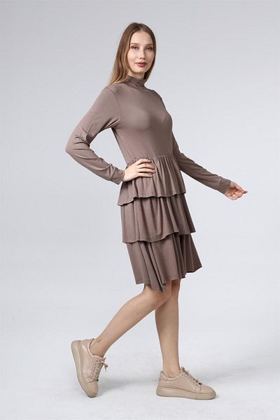 TF The Fancy For You Fancy Women's Turtleneck Long Sleeve Shirred Zipper Detailed Skirt Layered Viscose Dress