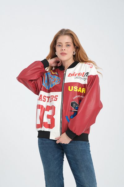 Black Level Oversize Women's Leather Coat - Racer Jacket with Zipper, Lining and Print