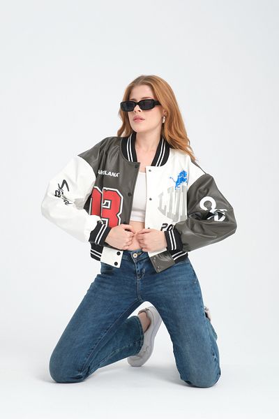 Black Level Colorful Printed Oversize Women's Jacket - Snap Fastener Biker Coat, Racer Bomber Jacket