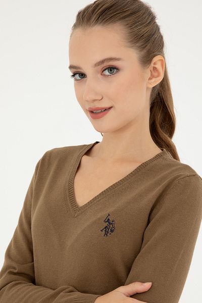 U.S. Polo Assn. Дамски тъмен меланжов пуловер с V-образно деколте 50293542 -Vr126