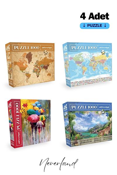 Neverland 4 Pieces 1000 Piece Puzzle - World Map Ii / World Map I / Umbrellas / Seaside Scenery