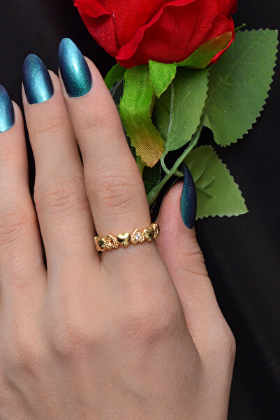 The Collection 4'lü Gold Yüzük Zirkon Taşlı Fiyonk Sezar Kalp ve Alyans Model Altın Kaplama Yüzük Set