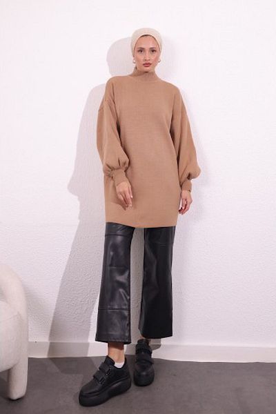HİFADEN Women's Long Sleeve Hijab Knitwear Stylish Balloon Sleeve Long Style Tunic