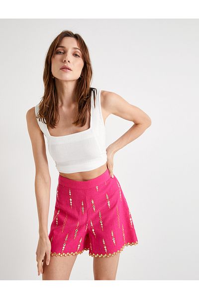 Koton Shiny Embroidered High Waist Mini Shorts - Zipped