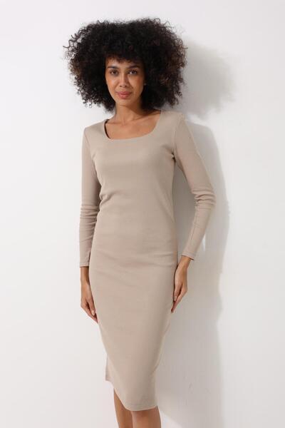 AMİDA Bej Kadın Midi Boy Uzun Kollu Kare Yaka Fitilli Görünümlü Elbise - 2457