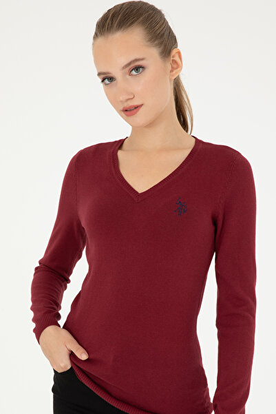 U.S. Polo Assn. Women's Burgundy V-Neck Basic Sweater 50293542 -Vr014