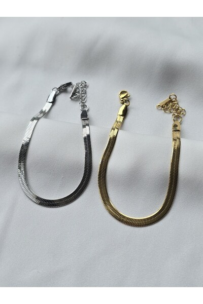 ULYOS PONIS Paslanmaz Çelik İtalyan Yassı Yılan Zincir Gold ve Gümüş 2li Bileklik Set