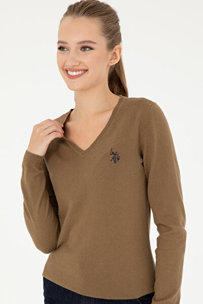 U.S. Polo Assn. Női sötét khaki melange V-nyakú Basic pulóver 50293542 -VR126