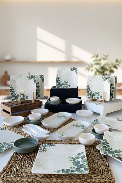Keramika Eucalyptus 12-Person Breakfast Set - 28 Pieces, Square Design
