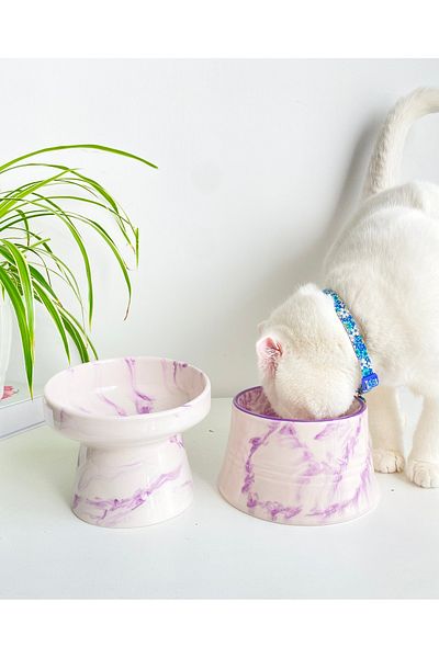stilinbu Ceramic Cat and Dog Food Water Bowl (Purple White & Colorful Moon/ Purple Stripes - Ebru Pattern - 2-Pack)