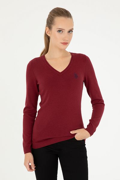 U.S. Polo Assn. Γυναικείο πουλόβερ βασικό μπορντό με λαιμόκοψη V 50293542 -VR014