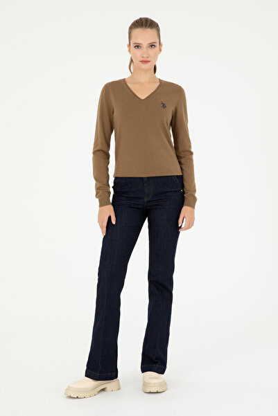 U.S. Polo Assn. Női sötét khaki melange V-nyakú Basic pulóver 50293542 -VR126
