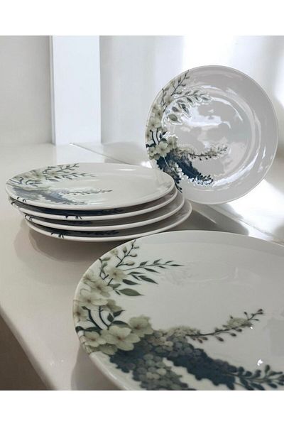 Farika Porselen 20 cm Porcelain 6 Pieces Shams Digital Cake Set Round Bpa Free Cake Plate