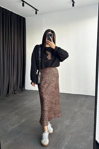 Panku Bizu Design Store Jane Leopard Patterned Satin Midi Skirt