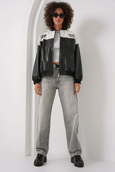 Bigdart 0698 Printed Faux Leather Bomber Jacket - Λευκό