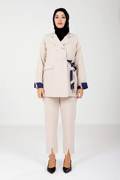 Beyza Stone Color Hijab Jacket and Trousers Set with Sleeves Detail 4112
