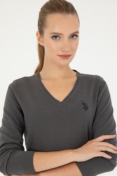 U.S. Polo Assn. Women's Anthracite V-Neck Basic Sweater 50293542 -Vr006
