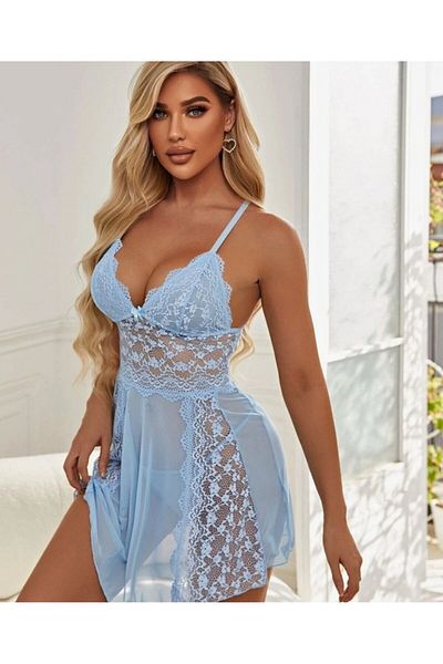 İntive Lingerie Mini cămașă de noapte transparentă albastră din dantelă Beleng -6030