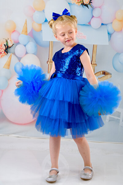 Sevimlice Kids Kız Çocuk Ponpon Kollu Tokalı Abiye Doğumgünü Elbisesi