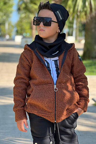 Riccotarz Φούτερ με στάμπα για αγόρια με καφέ βελούδινο μάλλινο μπουφάν με χτενισμένο βαμβακερό κάτω μέρος