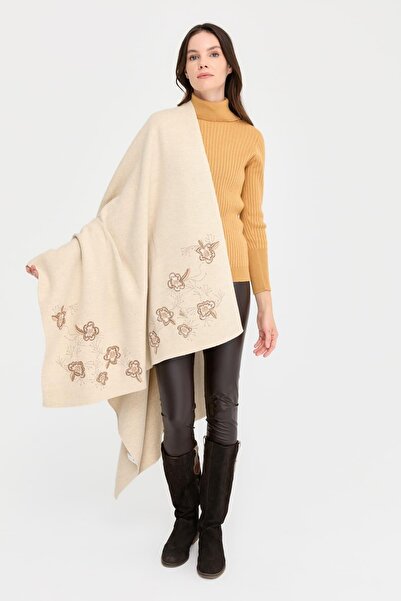 Desen Triko Melange Women's Shawl - Single Side Floral Embroidered