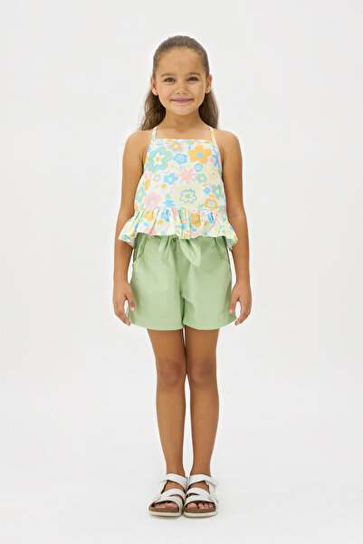 Panço Kız Çocuk Çiçek Desenli Askılı Yeşil Bluz