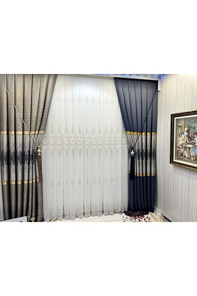NİVEMESHOME Nivemeshome Dream Gold Detailed 1/3 Frequent Pleated Tulle Curtain Apm