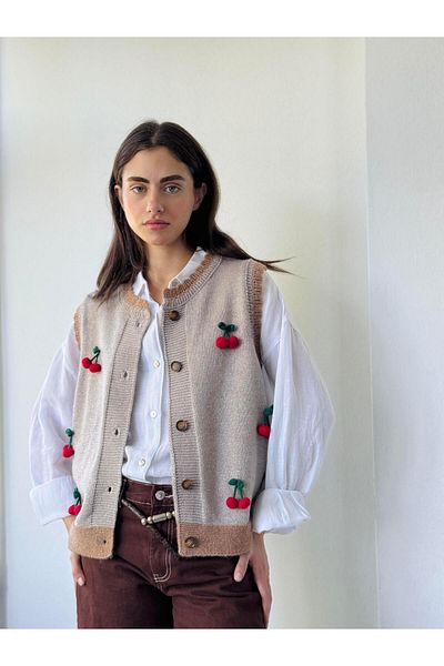 Retrobird Gray Glitter Design Embroidered Cherry Embossed Women's Vest