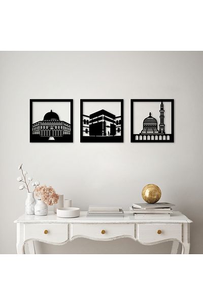 DECOVIENO Set de 3 decorațiuni de perete - Kaaba-i Muazzama, Medina-i Münevvere și Moscheea Al-Aqsa din metal (45 CM X 45 CM)