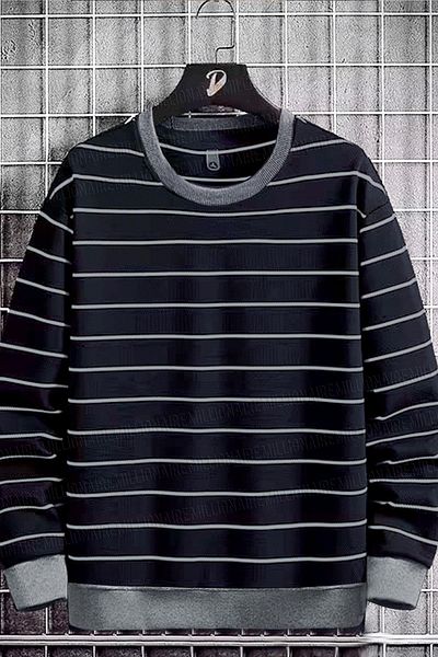 Millionaire Men's Navy Blue-Grey Striped Color Block 0 Crew Neck Oversize Loose Loose Cut Fleece Sweatshirt